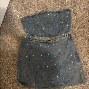 Lulu's Blue Denim Skirt Set with White Dots